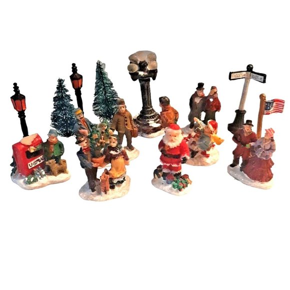 14 Piece Set Christmas Village Working People Figurines Santa Trees Ice Fishing